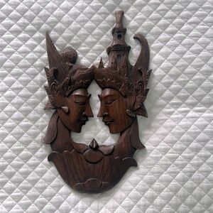 Vintage Balinese Solid Wood Hand Carved Loving Couple Wall Hanging